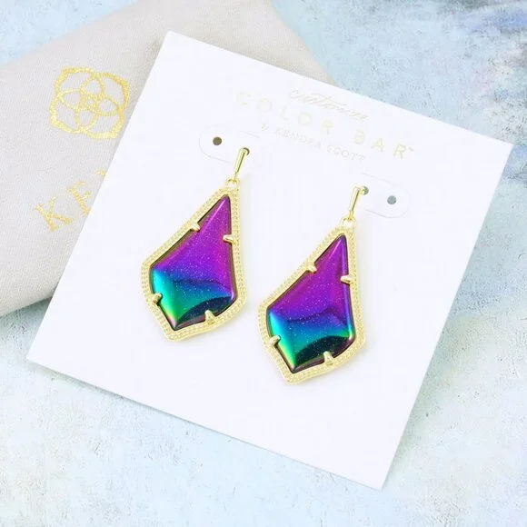 Kendra Scott Alex Iridescent Blue Goldstone Earrings Gold Plated - Picture 3 of 5